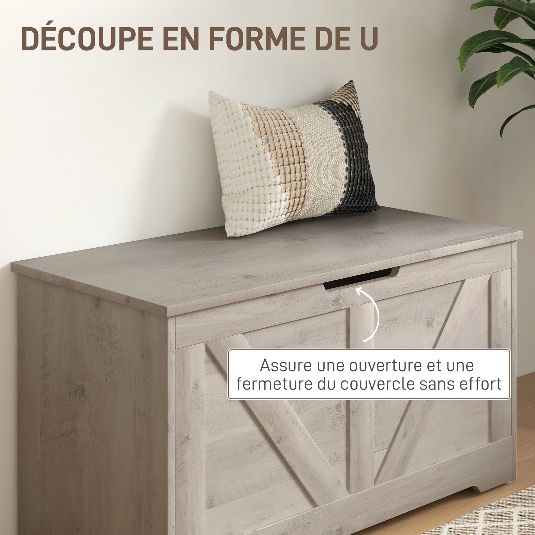Coffre de rangement, banc de rangement avec couvercle rabattable et charnières de sécurité, 80 x 40 x 45 cm, gris