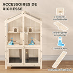Cage Hamster 3 Étages en Bois avec Bac Amovible, Couvercle Ouvrant, Bascule, Cabane, Fenêtre, 68x61,5x90cm, Naturel
