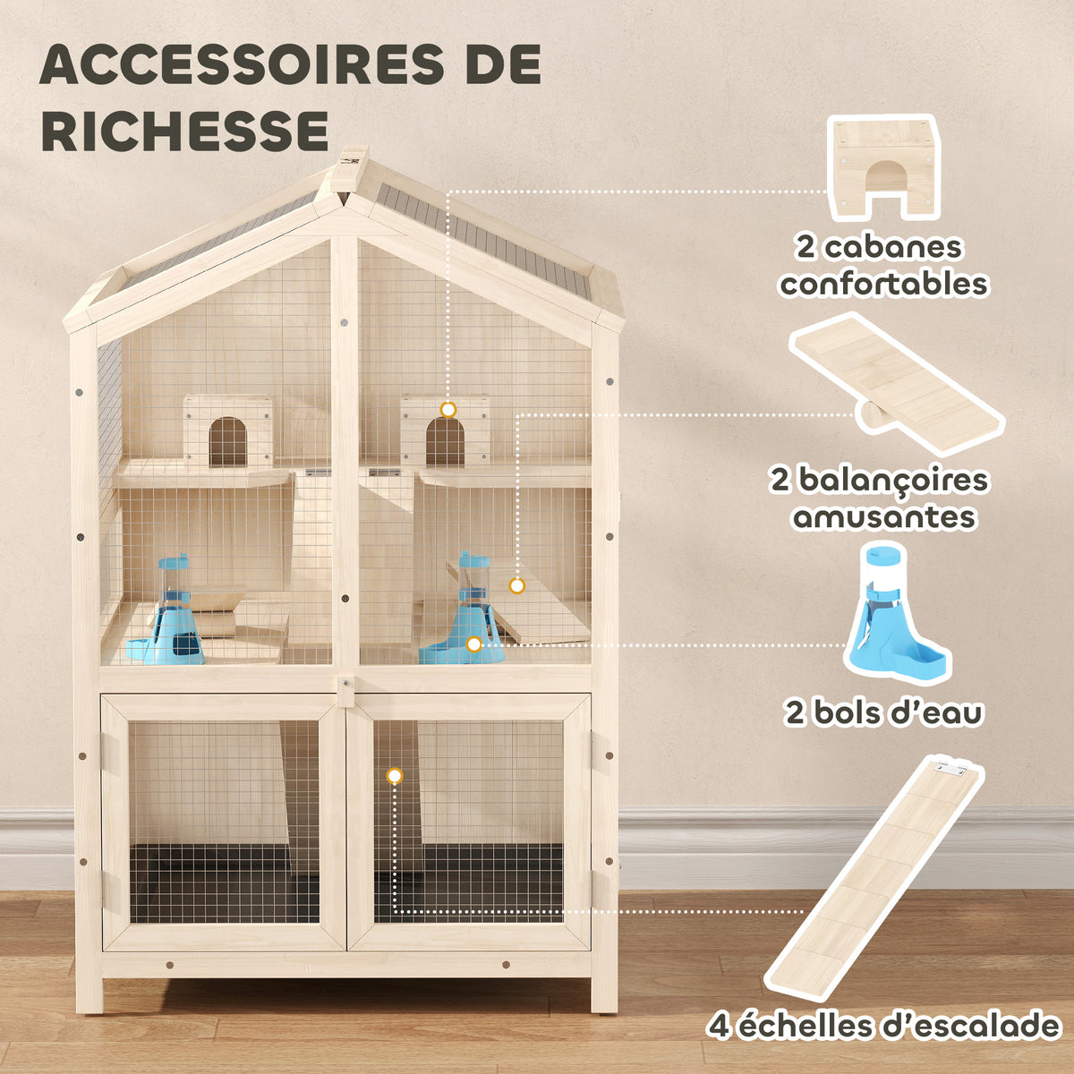 Cage Hamster 3 Étages en Bois avec Bac Amovible, Couvercle Ouvrant, Bascule, Cabane, Fenêtre, 68x61,5x90cm, Naturel