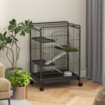 Jaula para roedores, jaula para animales pequeños con ruedas, 3 rampas, 3 plataformas, comedero y botella de agua, bandeja inferior extraíble para conejos, visones y chinchillas, acero PP, 61,5x44x95 cm, negra