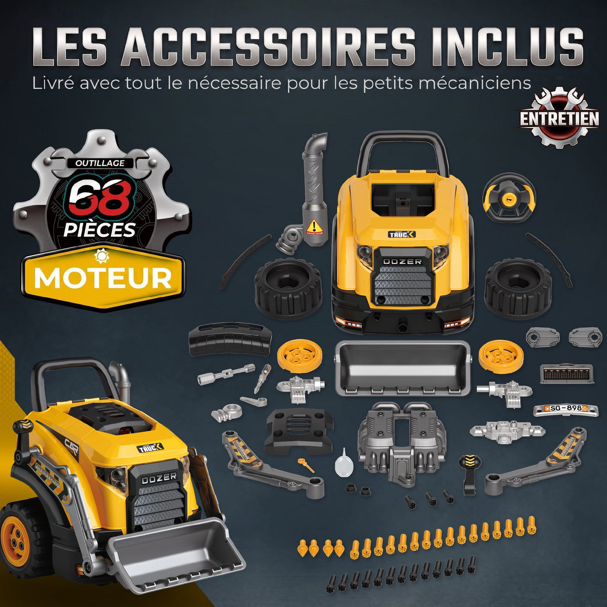 Jouet Moteur de Camion et Pelle pour Enfants, Camion Mécano, Volant, Effet de Brume, Sonores et Lumineux, 3-6 Ans, Jaune