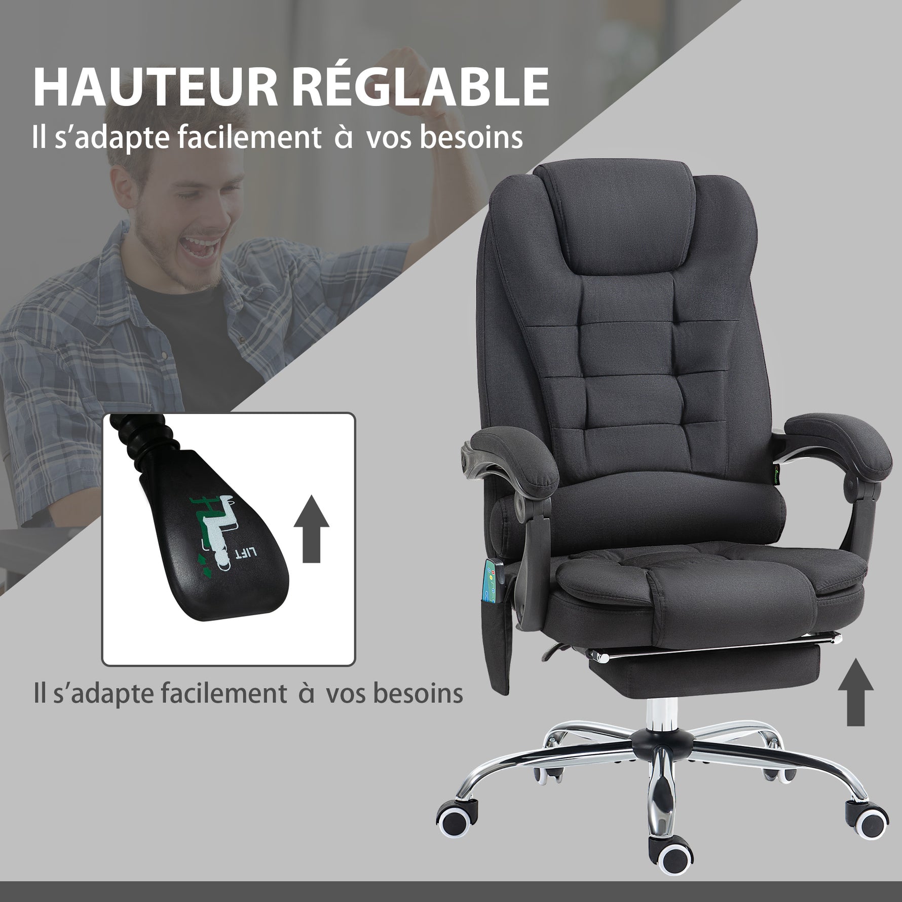 Fauteuil de bureau direction massant chauffant hauteur réglable dossier inclinable toile de lin noir