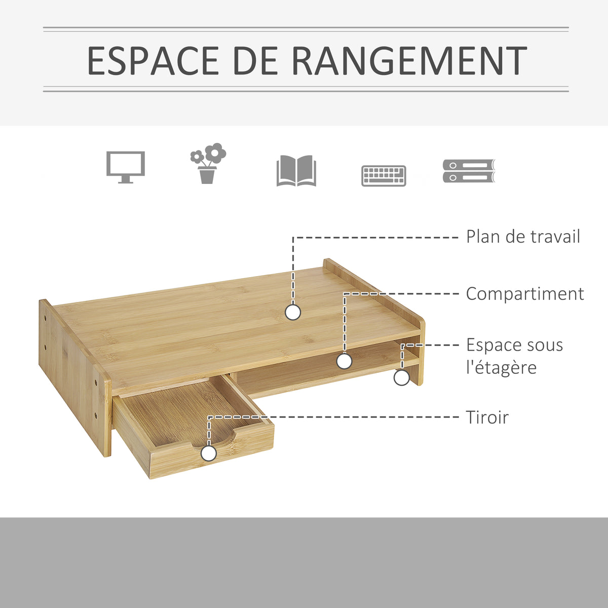 Monitorständer, Laptop-TV-Sockel, Desktop-Organizer mit Schublade aus Bambus