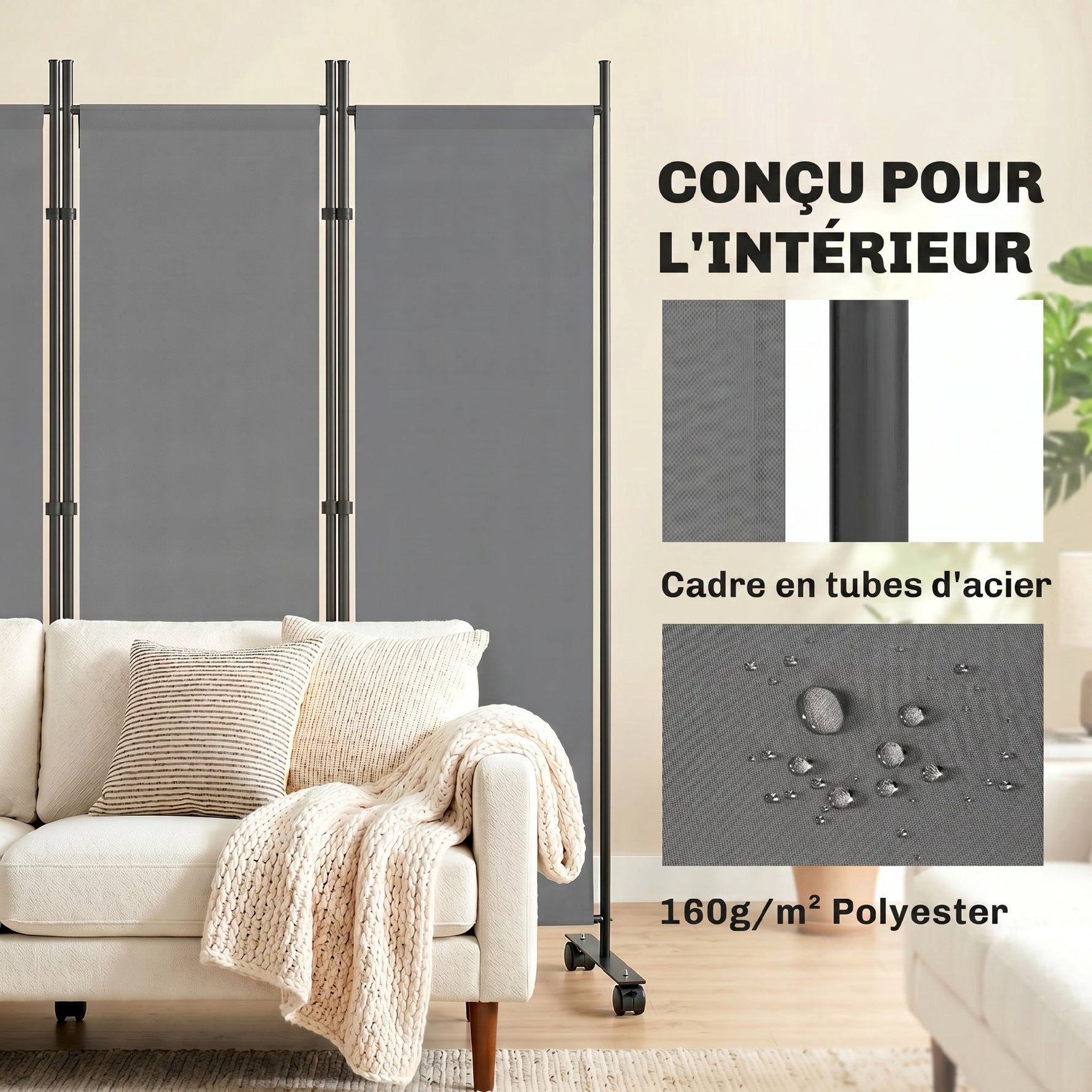 Paravent 5 Panneaux 252x170cm, Paravent Pliant avec 12 Roulettes et Clips de Connexion, Acier et Polyester, Gris Foncé