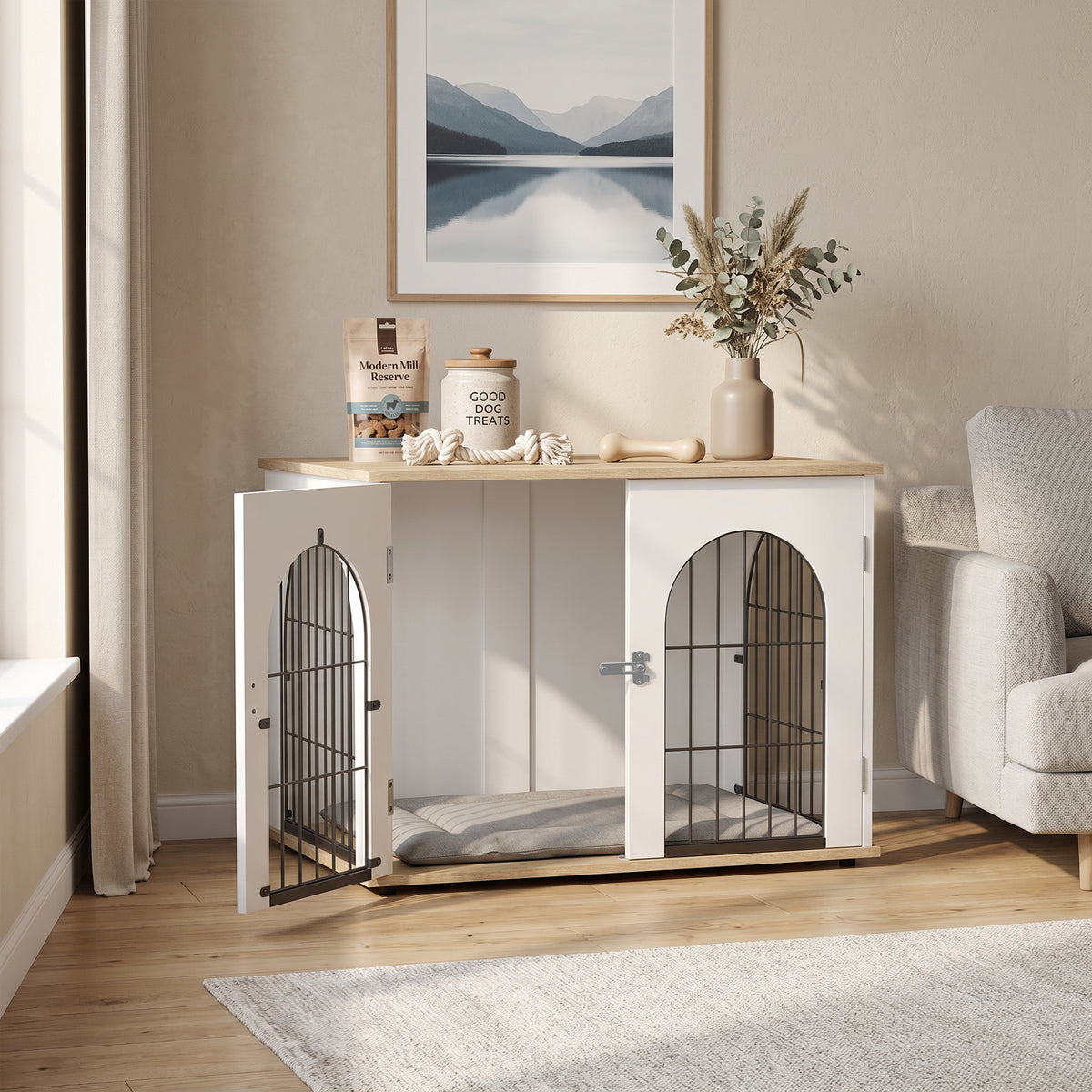 Cage pour Chien Meuble Cage Chien Intérieur Arche avec Double Porte comme Table d'Appoint en Métal 80x56x59cm Blanc