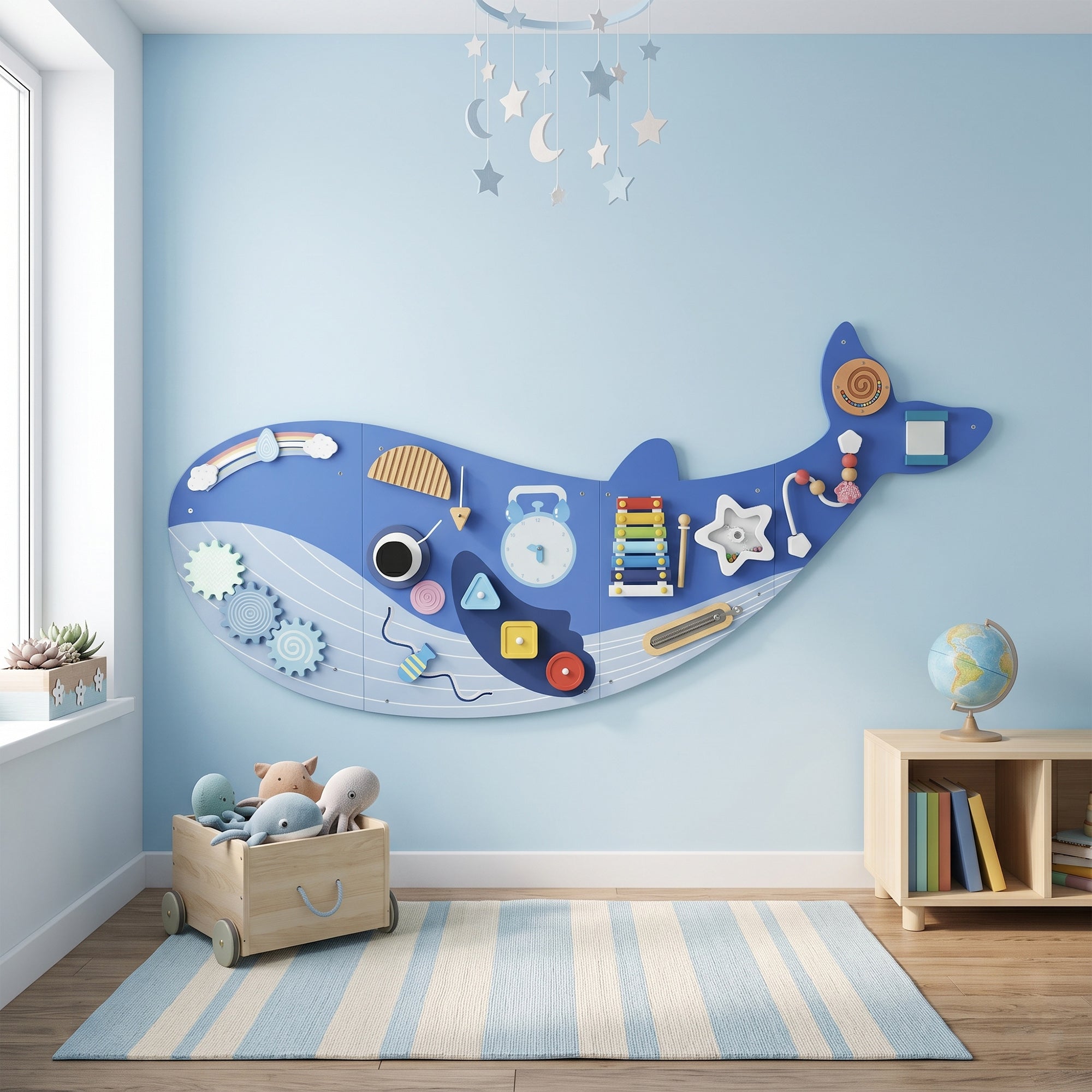 Busy Board Jouet, Tableau d'Activités Murale Baleine, Planche Motricité Bébé Educatif pour Garcon Fille dès 2 Ans, Bleu