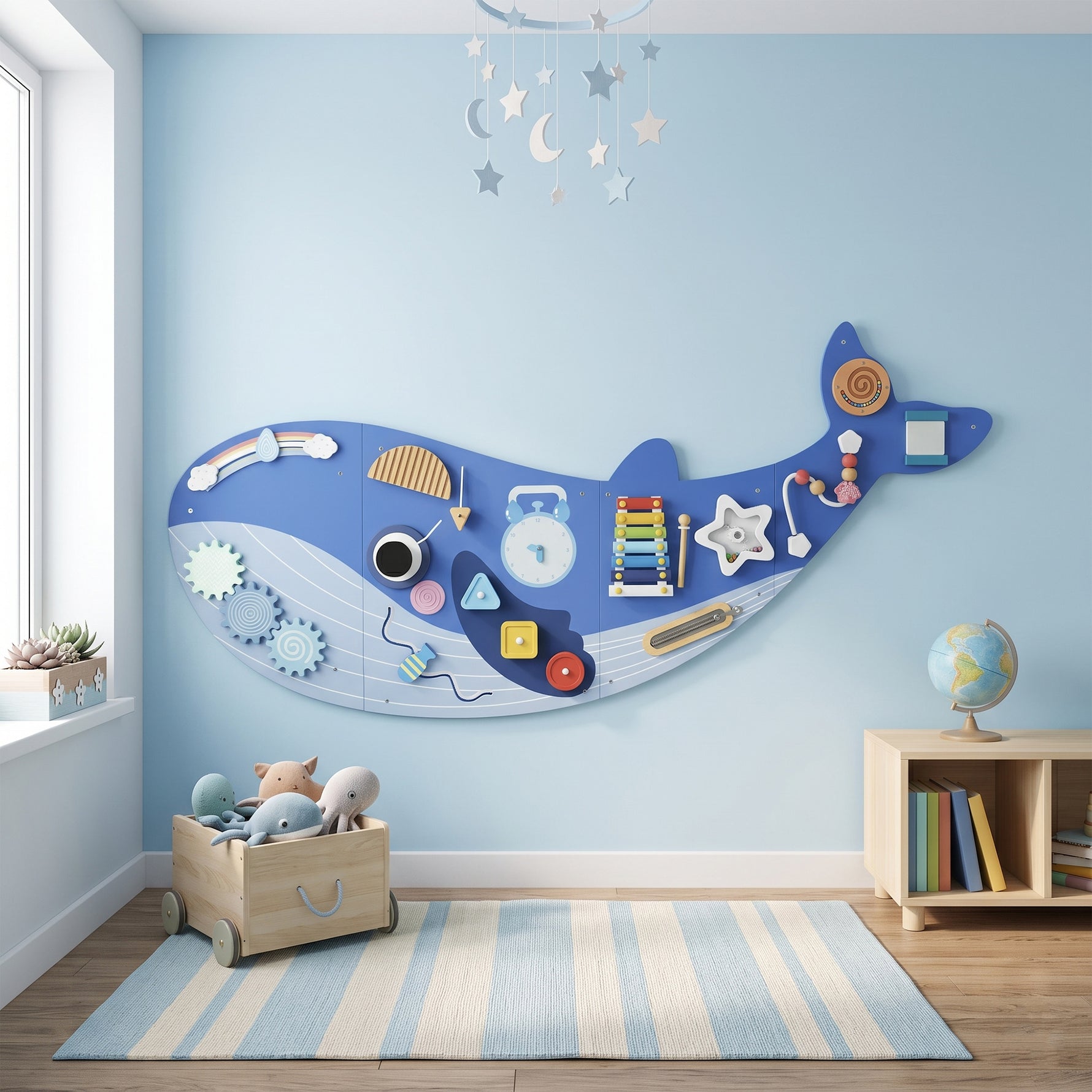 Busy Board Jouet, Tableau d'Activités Murale Baleine, Planche Motricité Bébé Educatif pour Garcon Fille dès 2 Ans, Bleu