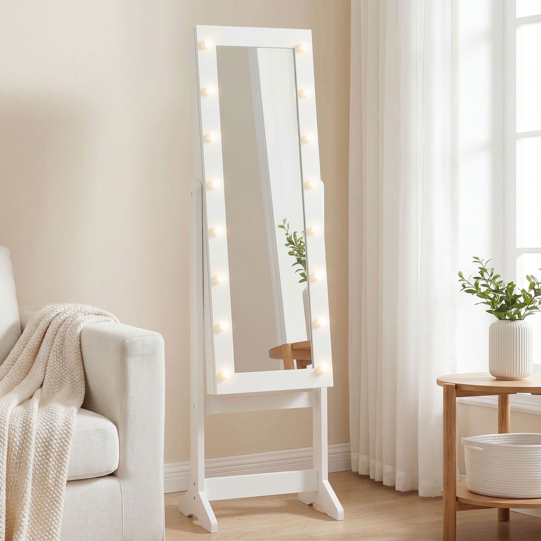 Armoire à bijoux armoire de rangement sur pieds boîte à bijoux avec miroir multi-rangements éclairage LED blanc
