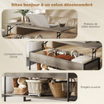 Table basse avec plateau relevable, table de salon avec compartiment caché et étagère ouverte, 95x40x59cm, gris