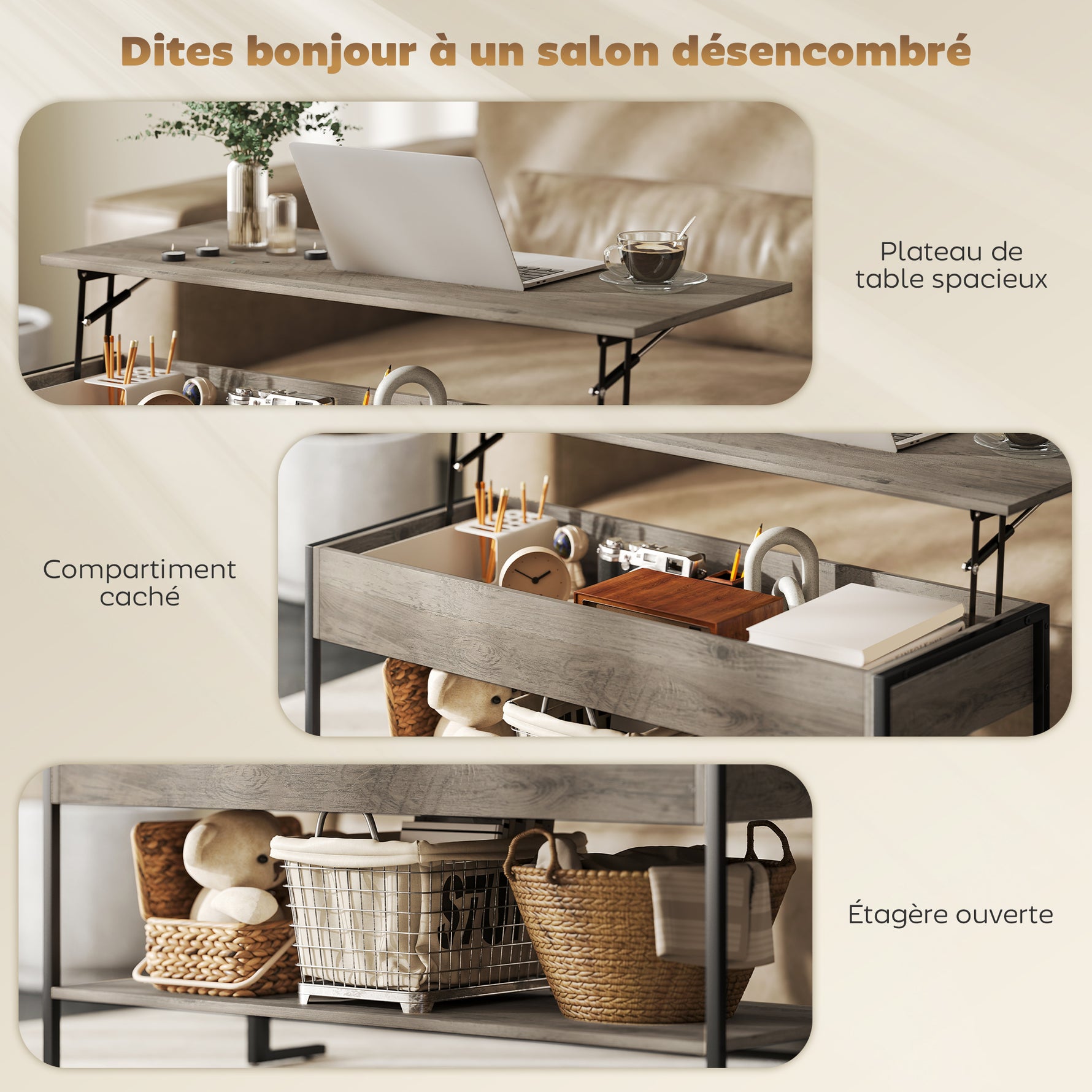 Table basse avec plateau relevable, table de salon avec compartiment caché et étagère ouverte, 95x40x59cm, gris