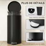 Poubelle de Cuisine 30 L en Métal, Poubelle à Pédale avec Couvercle à Fermeture Douce et Seau Amovible, Noir