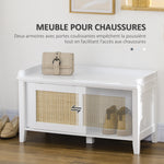 Banc à chaussures meuble de rangement avec porte coulissante et façades rotin tissé 80 x 35 x 45 cm blanc