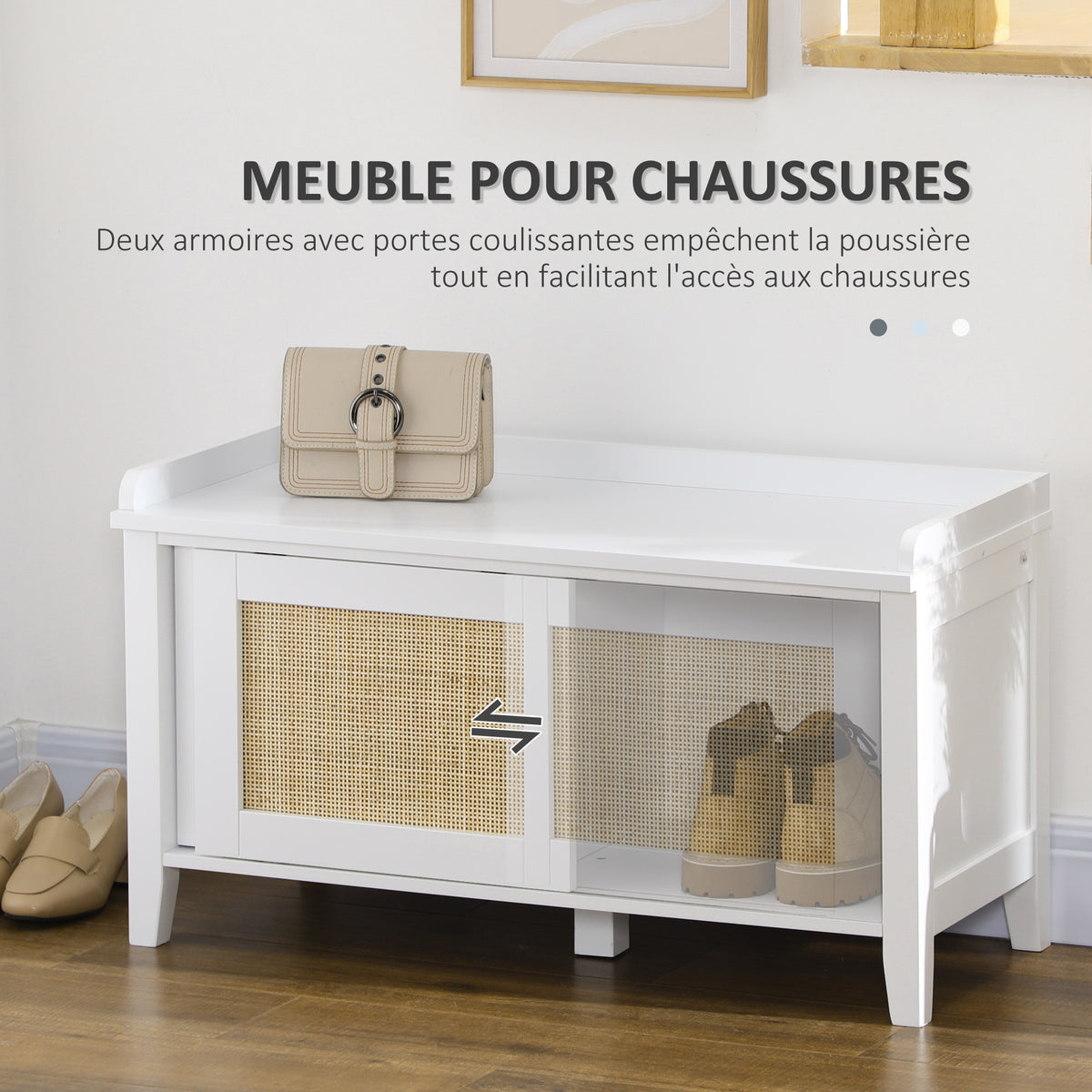 Banc à chaussures meuble de rangement avec porte coulissante et façades rotin tissé 80 x 35 x 45 cm blanc