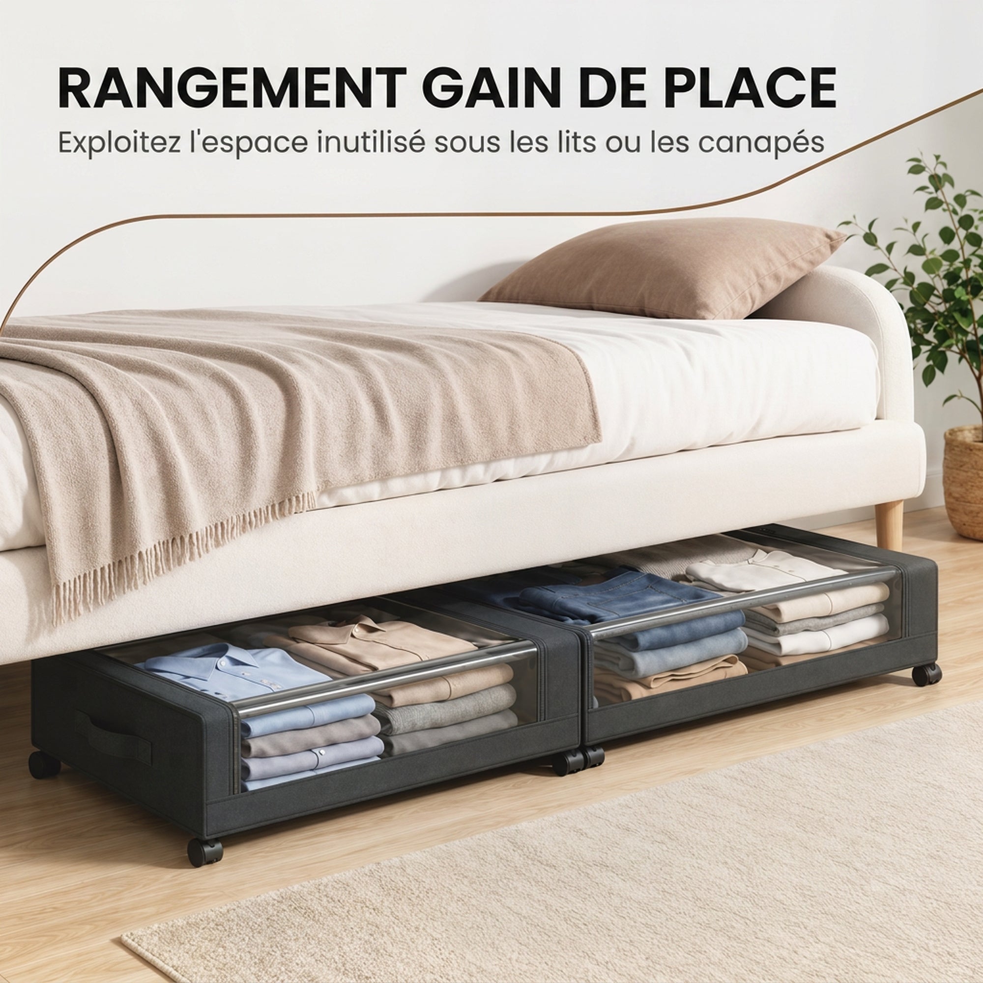 Contenitore sottiletto con ruote, set da 2, 40L, chiusura a zip, struttura in acciaio, manici, 78x44x16cm, nero