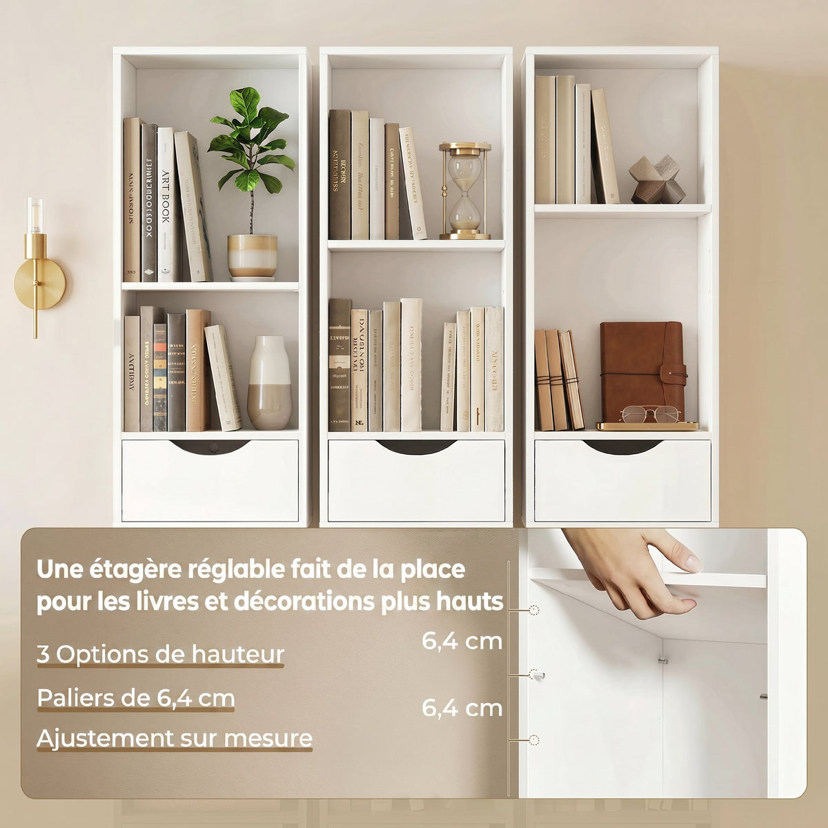 Bibliothèque étagère de rangement avec porte, 2 tiroirs, compartiments ouverts et étagère réglable, 30x24x158cm, blanc