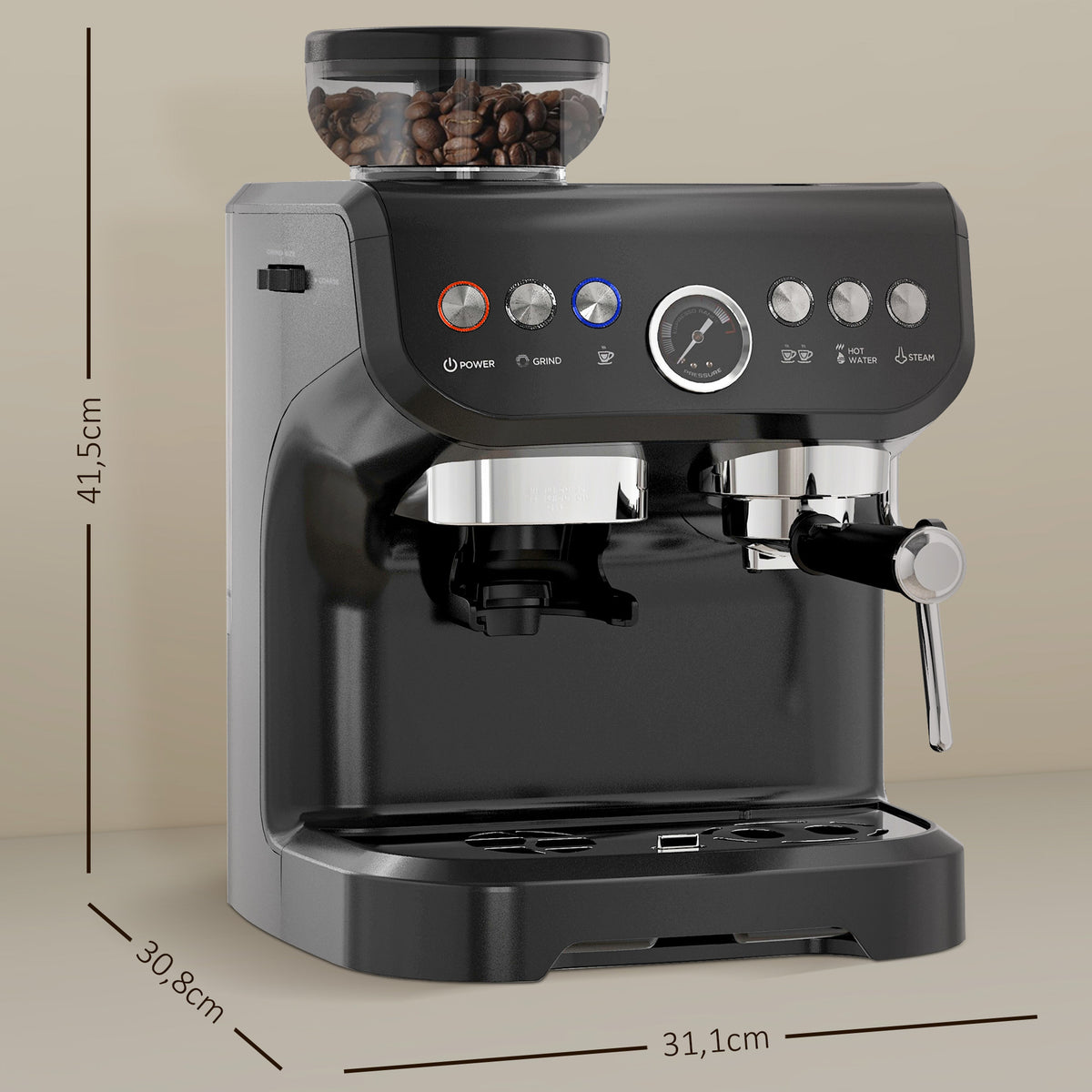 Espressomaschine 1600 W mit Mahlwerk, Dampfdüse, italienischer 15-Bar-Pumpe, 2-L-Wassertank, schwarz