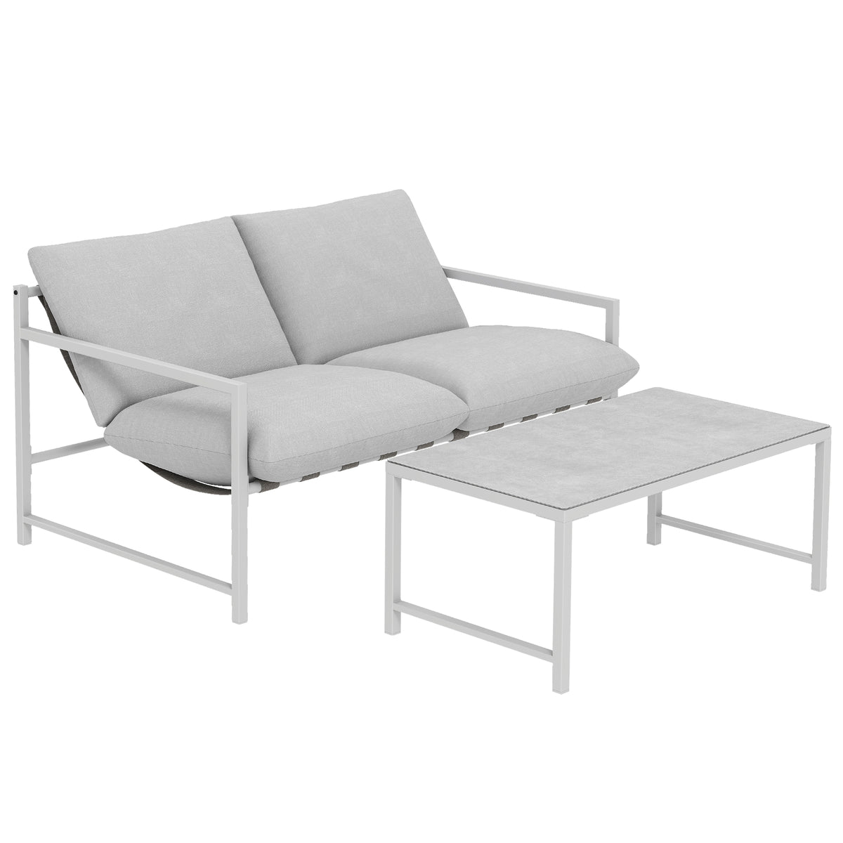 Conjunto de Jardín de Exterior de 2 Piezas, Sofá con Cojines, Mesa de Centro de Vidrio Templado con Efecto Mármol 3D, 125x80x64cm, Gris Claro