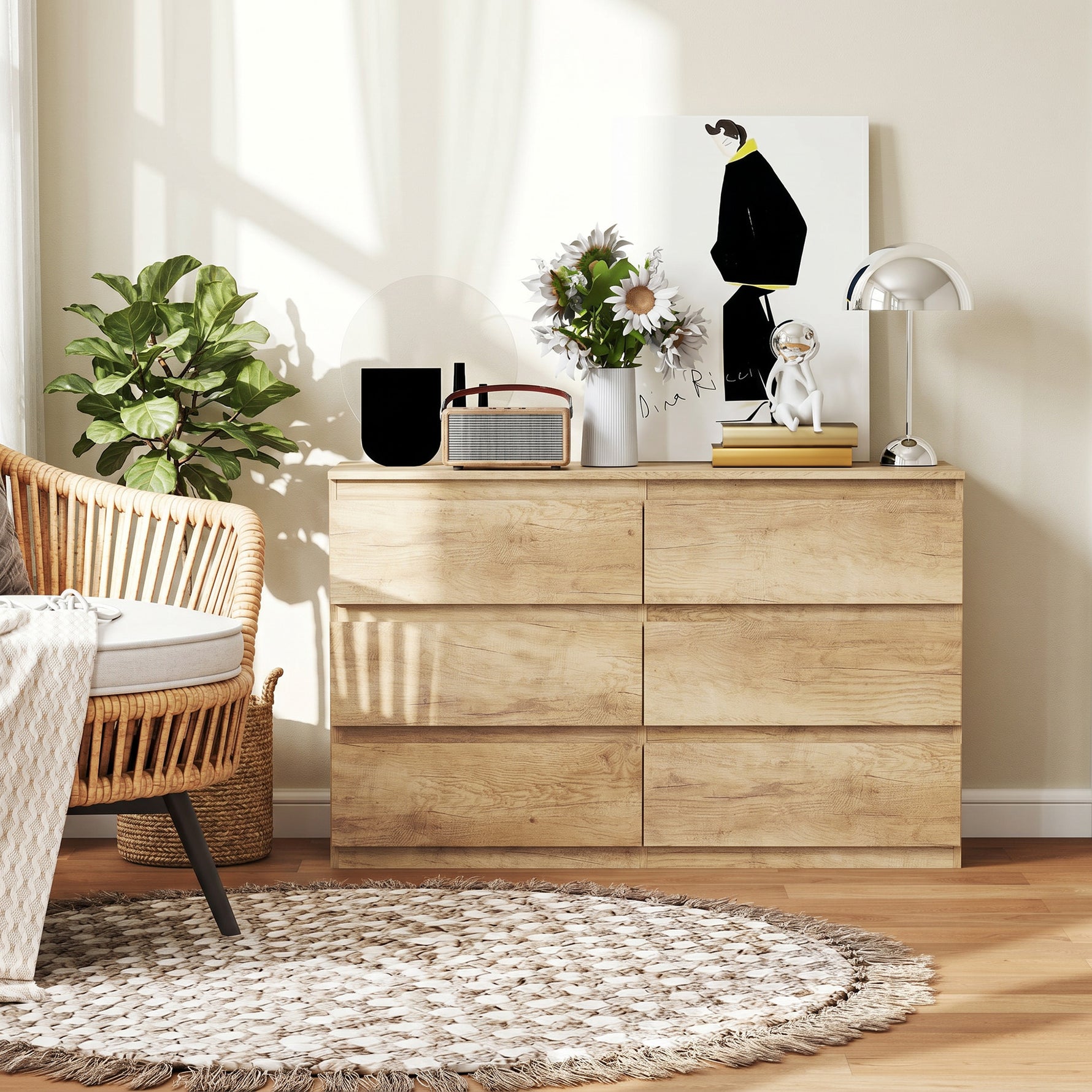 Commode 6 tiroirs meuble de rangement sans poignées design minimaliste 120 x 39 x 75 cm chêne