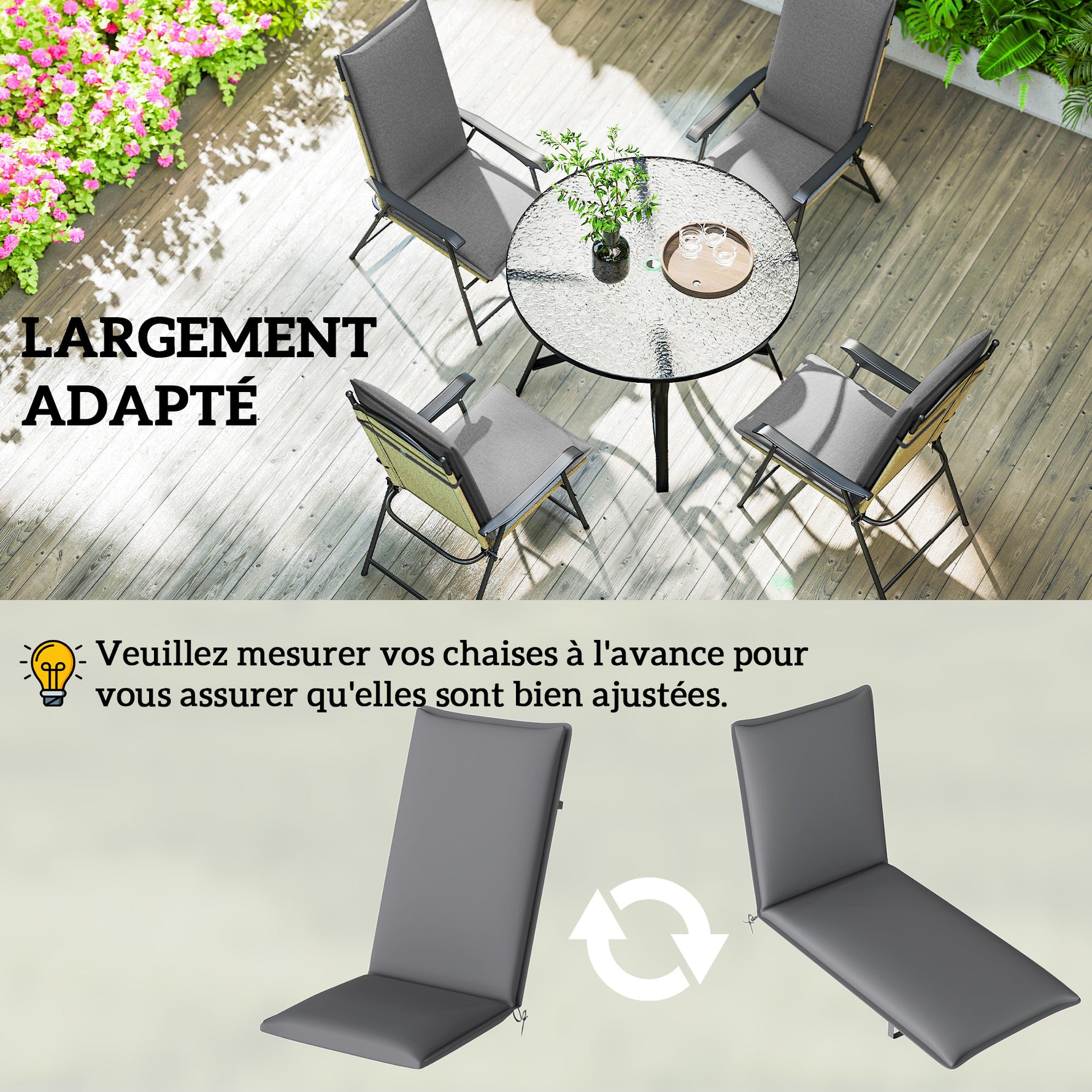 Lot de 4 coussins de chaise extérieur avec attaches et bande réglable, anti-décoloration UPF50+, 124x50x5cm, gris