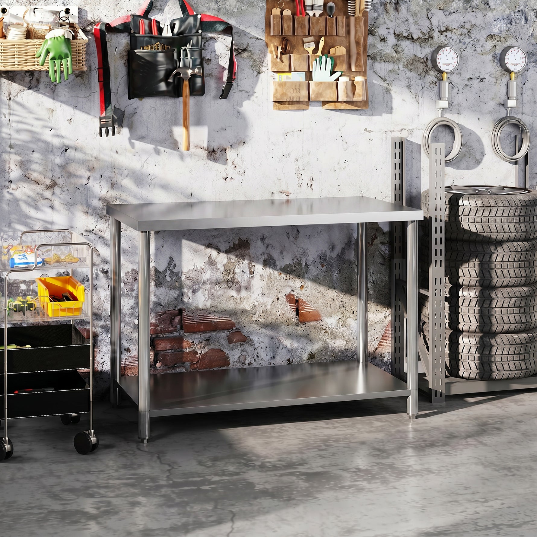 Table de travail, établi d'atelier en acier inoxydable 2 étagère, pour atelier, garage, hangar, 120x60x86cm, argenté