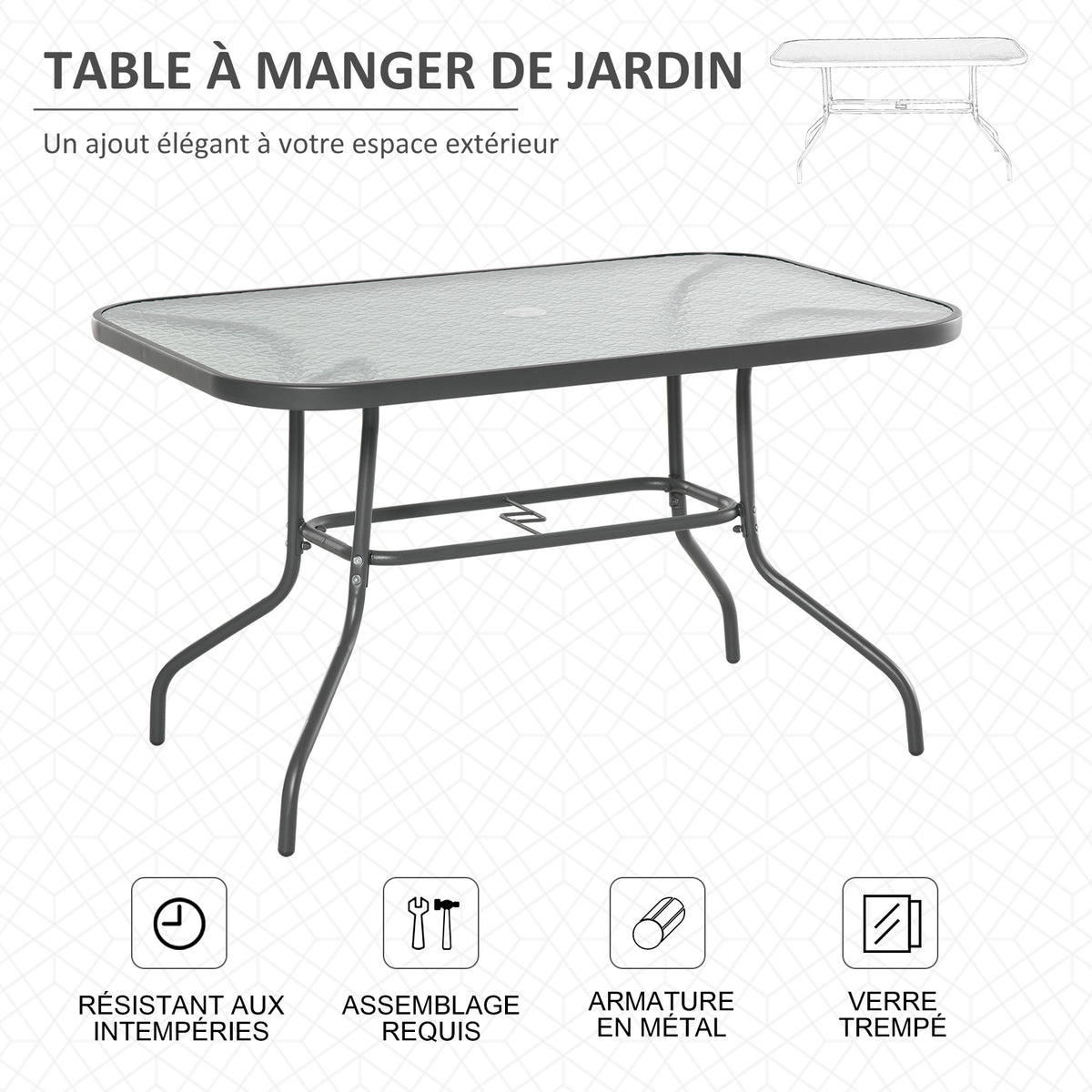 Table de Jardin rectangulaire dim. 120L X 80l x 70H cm métal époxy Gris Plateau Verre trempé
