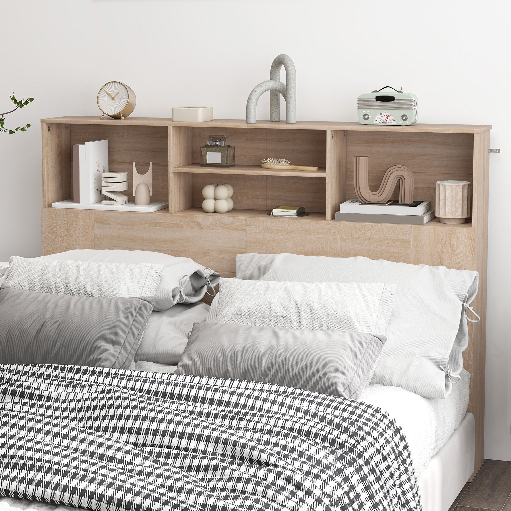 Tête de lit sur pied avec rangements, accessoire de lit 4 compartiments ouverts, 140 x 19 x 103,5 cm, effet bois naturel