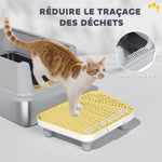 Bac à Litière XL en Acier Inoxydable, Parois Latérales Hautes, Pédale et Tapis Filtrants, Pelle, 60,2x40,2x29,6cm, Gris