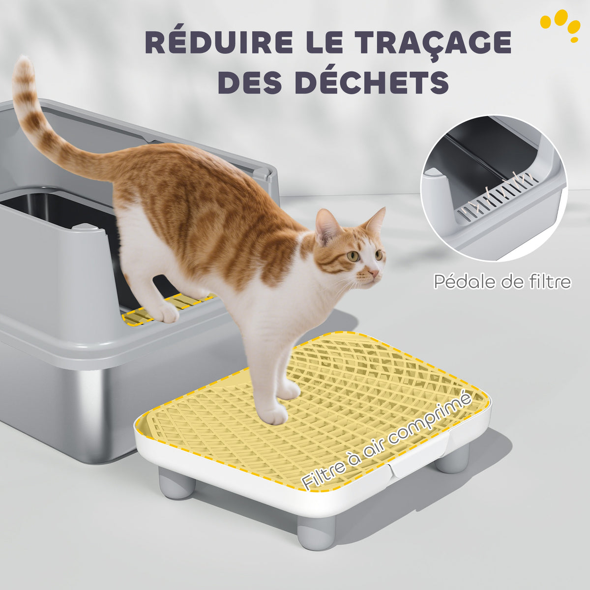 Bac à Litière XL en Acier Inoxydable, Parois Latérales Hautes, Pédale et Tapis Filtrants, Pelle, 60,2x40,2x29,6cm, Gris