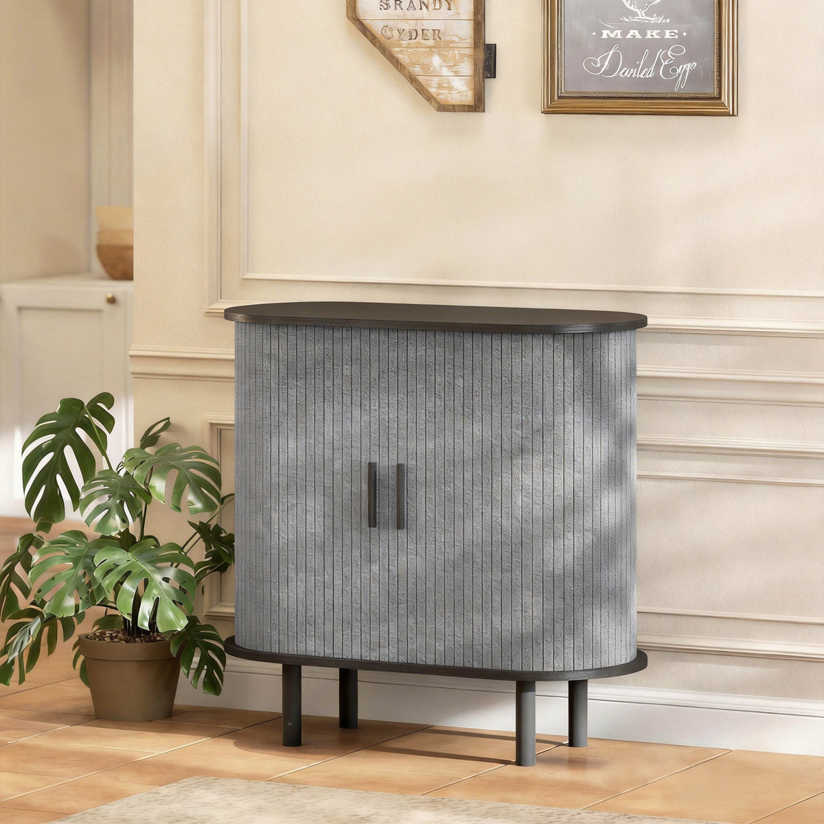 Dressoir voor de woonkamer, ovaal opbergmeubel met 2 schuifdeuren en 2 compartimenten, 80 x 40 x 78 cm, grijs