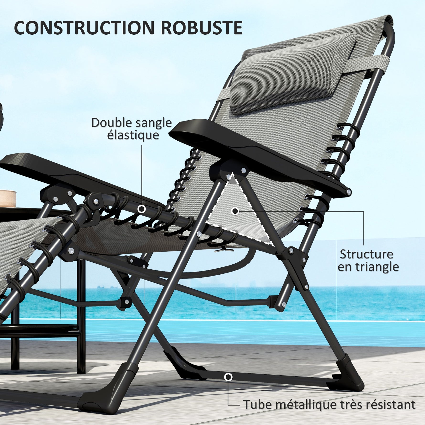 Lot de 2 bain de soleil, chaise longue pliante inclinable avec appuie-tête en textilène, 90 x 65 x 112 cm, gris