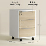 Cassettiera da ufficio con ruote a 3 cassetti e serratura, mobile contenitore da ufficio su ruote, 40 x 40 x 63,5 cm, rovere