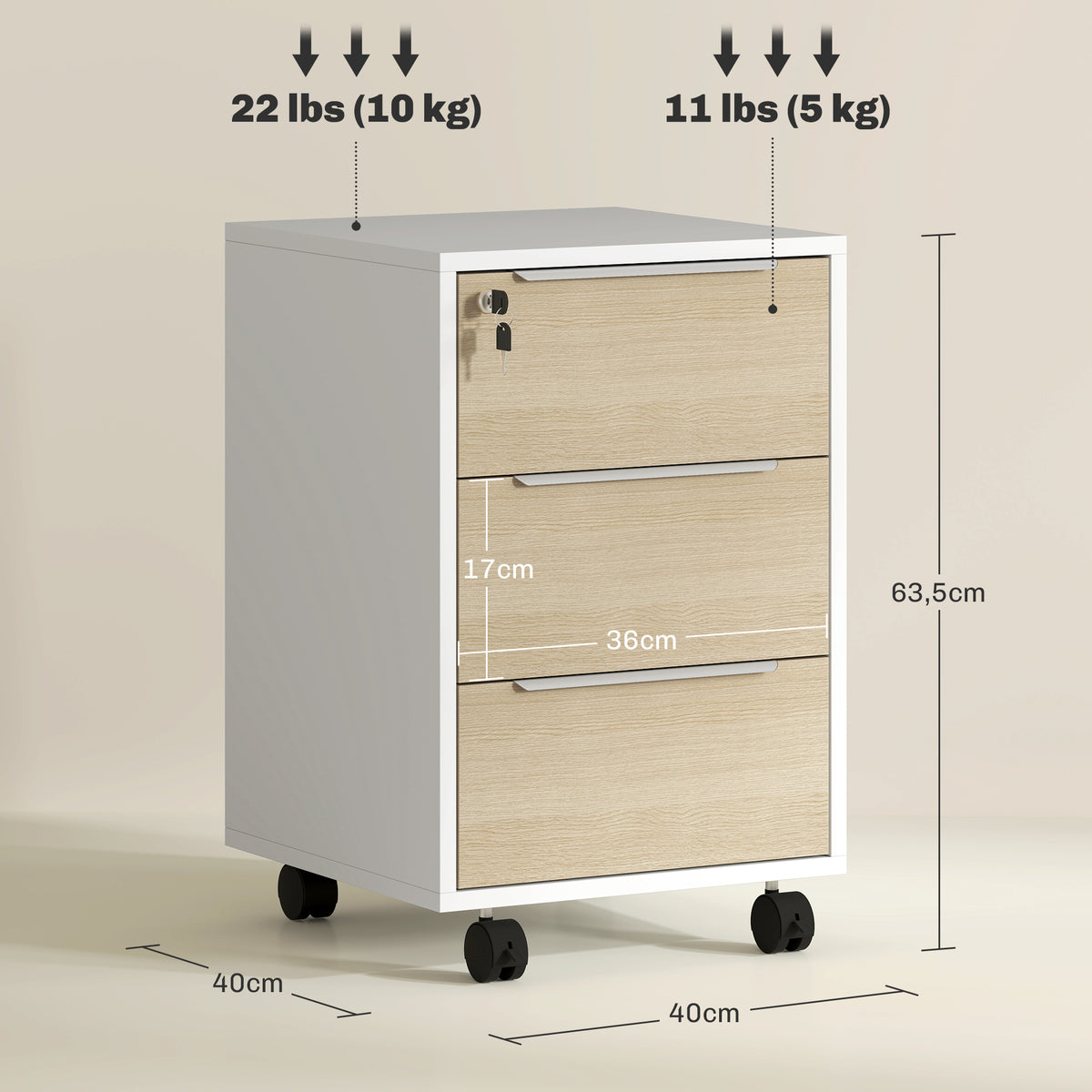 Cassettiera da ufficio con ruote a 3 cassetti e serratura, mobile contenitore da ufficio su ruote, 40 x 40 x 63,5 cm, rovere