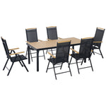Salon de jardin extérieur 6 personnes, cadre en aluminium, table 190 cm, 6 chaises pliables et inclinables, noir