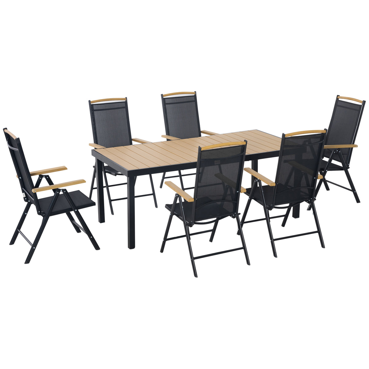 Salon de jardin extérieur 6 personnes, cadre en aluminium, table 190 cm, 6 chaises pliables et inclinables, noir