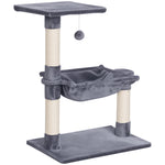 Tiragraffi per gatti, 3 colonne in sisal naturale, piattaforma, amaca e pallina sospesa, dim. 50L x 36P x 70A cm, in peluche corto grigio
