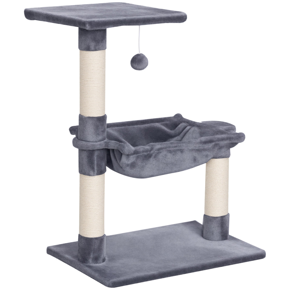 Tiragraffi per gatti, 3 colonne in sisal naturale, piattaforma, amaca e pallina sospesa, dim. 50L x 36P x 70A cm, in peluche corto grigio
