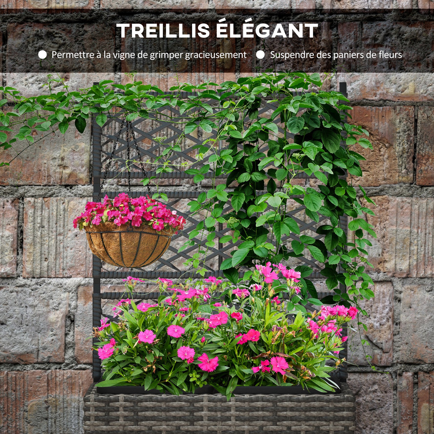 Jardinière pour plantes avec treillis 2 bacs à plante 22L en résine tressée et acier galvanisé 57 x 30 x 107 cm gris
