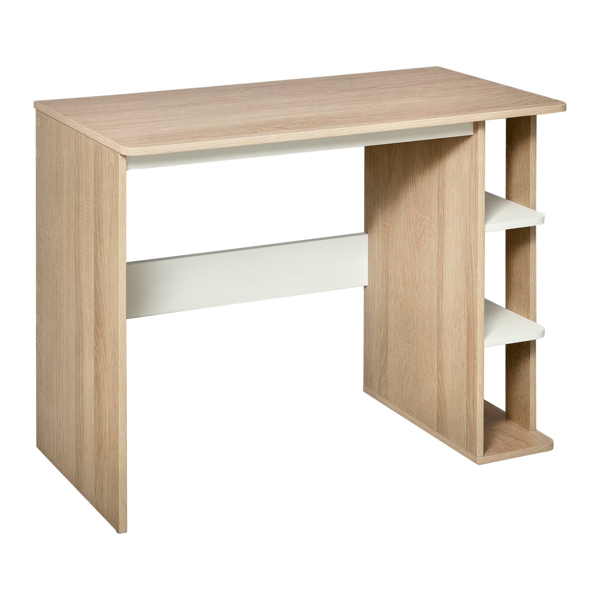 Bureau Informatique Table d'ordinateur 100L x 44l x 74H cm 3 étagères latérales en Bois Couleur chêne Clair Blanc