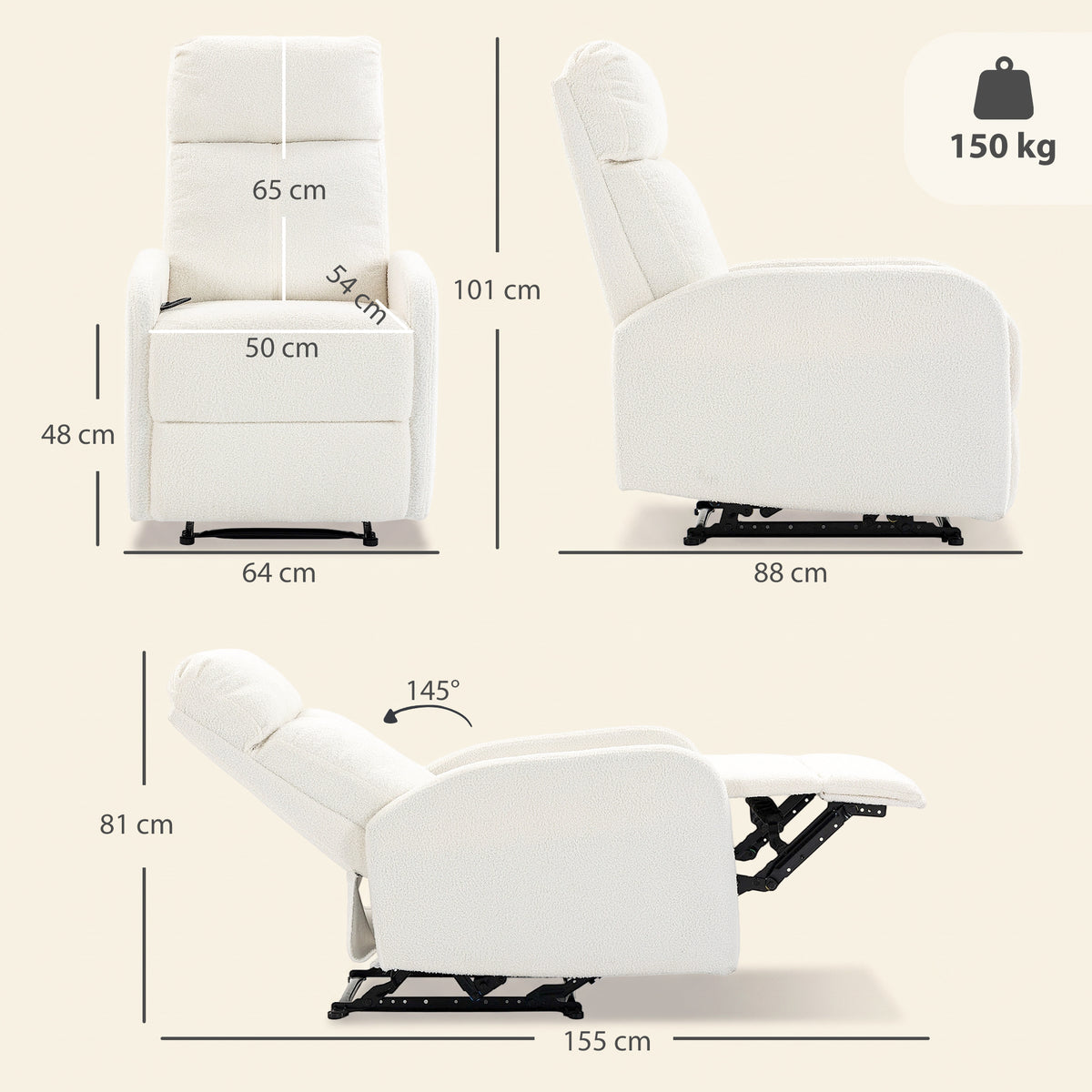 Fauteuil Relax Inclinable, Fauteuil de Relaxation en Peluche Teddy, Assise à Ressorts, Accoudoirs Rembourrés, Crème