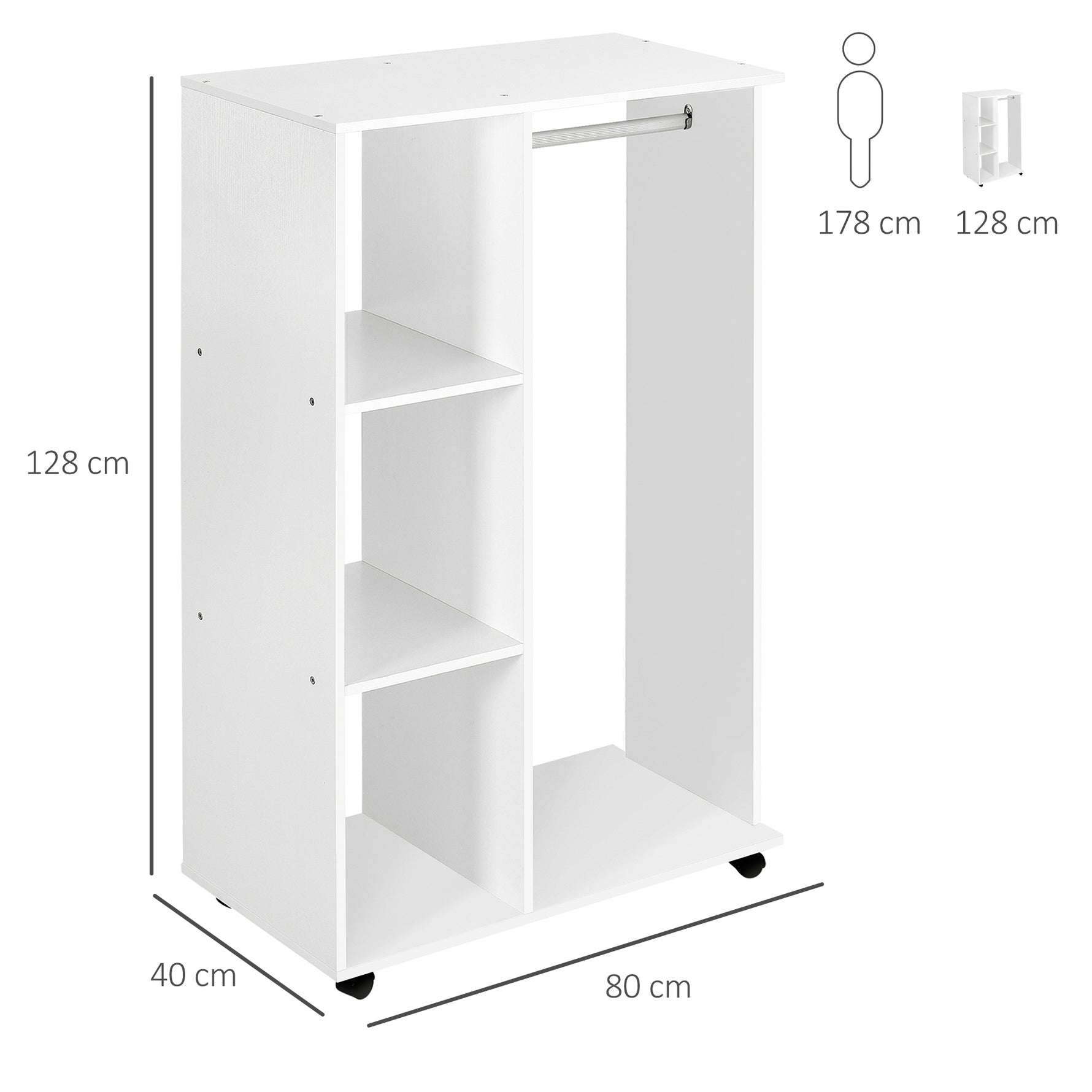 Portant à vêtements penderie Mobile avec roulettes 3 étagères latérales + Grand Espace penderie Panneaux Particules Blanc