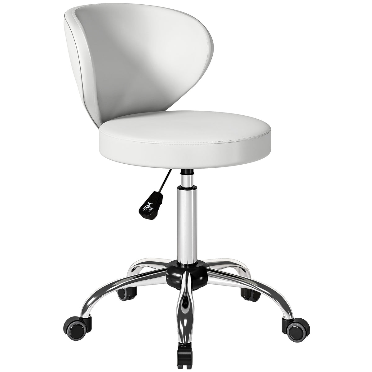 Tabouret à roulettes, tabouret de massage en PU avec hauteur réglable 73-88 cm et dossier, pivotant 360°, blanc
