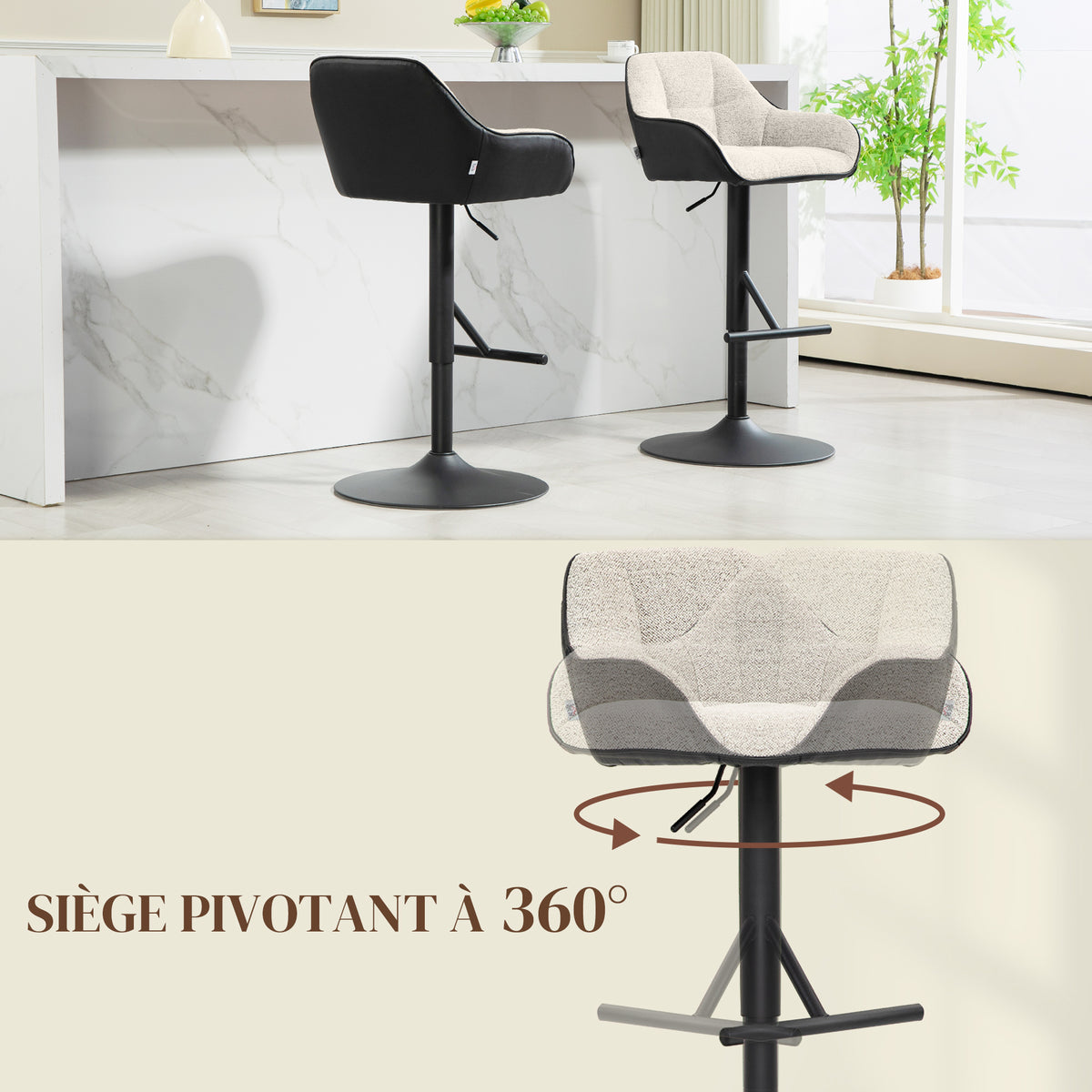 Lot de 2 tabourets de bar chaises de bar hauteur réglable tissu effet lin et base en acier 52,5 x 53 x 86,5-108 cm gris