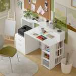 Bureau informatique, bureau avec rangement, 2 tiroirs, étagères ouvertes et tablette d'imprimante, 137x55x92cm, blanc