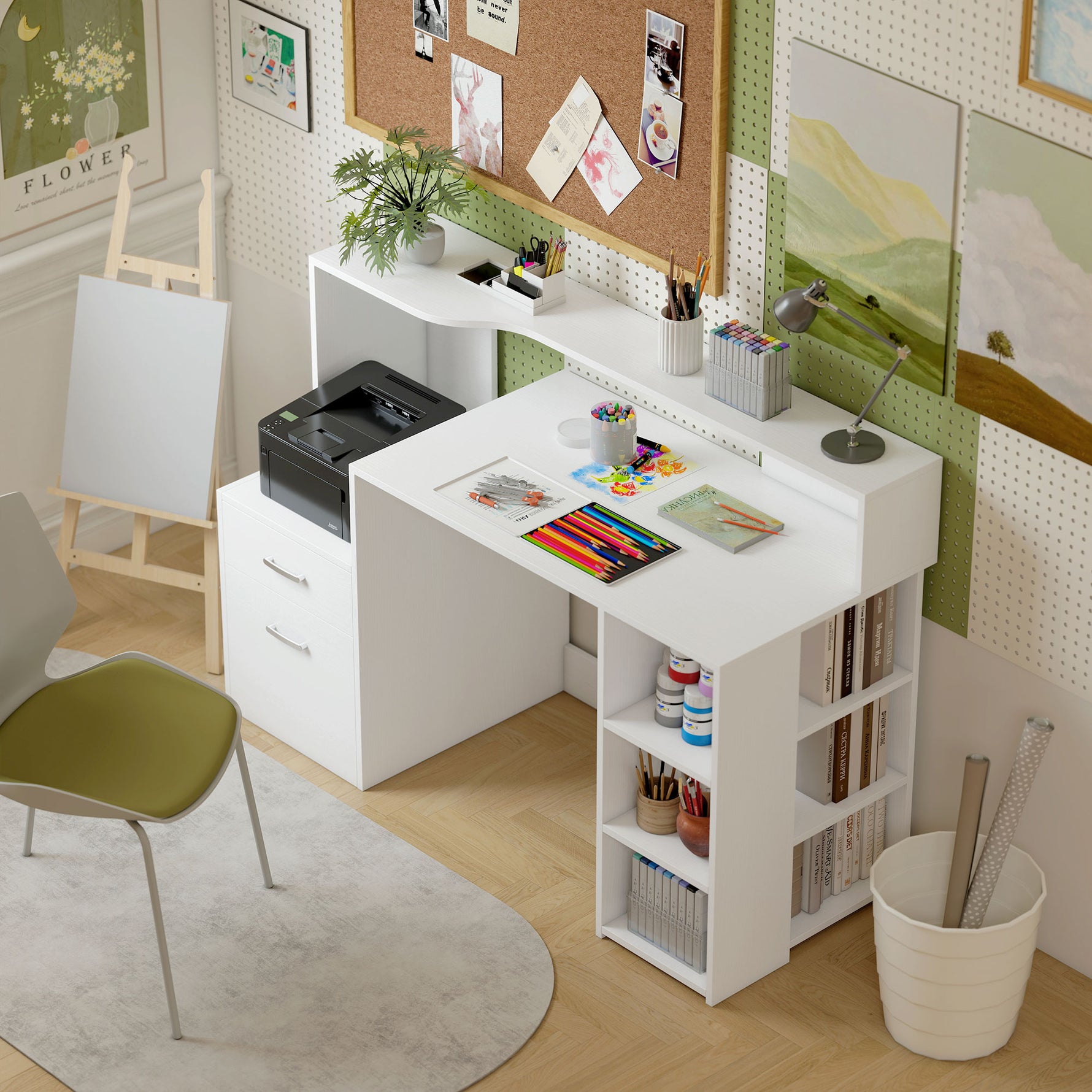 Bureau informatique, bureau avec rangement, 2 tiroirs, étagères ouvertes et tablette d'imprimante, 137x55x92cm, blanc