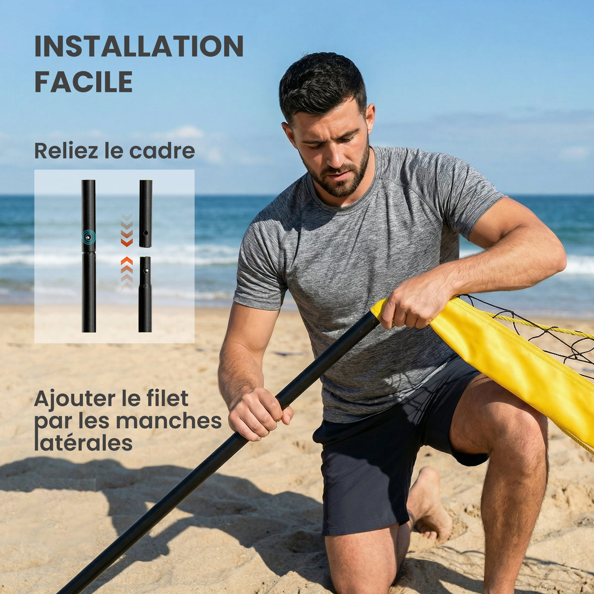 Ensemble de Volley-Ball et Badminton, Poteaux en Acier Hauteur Réglable, Sac de transport, pour Pelouse Plage Jardin