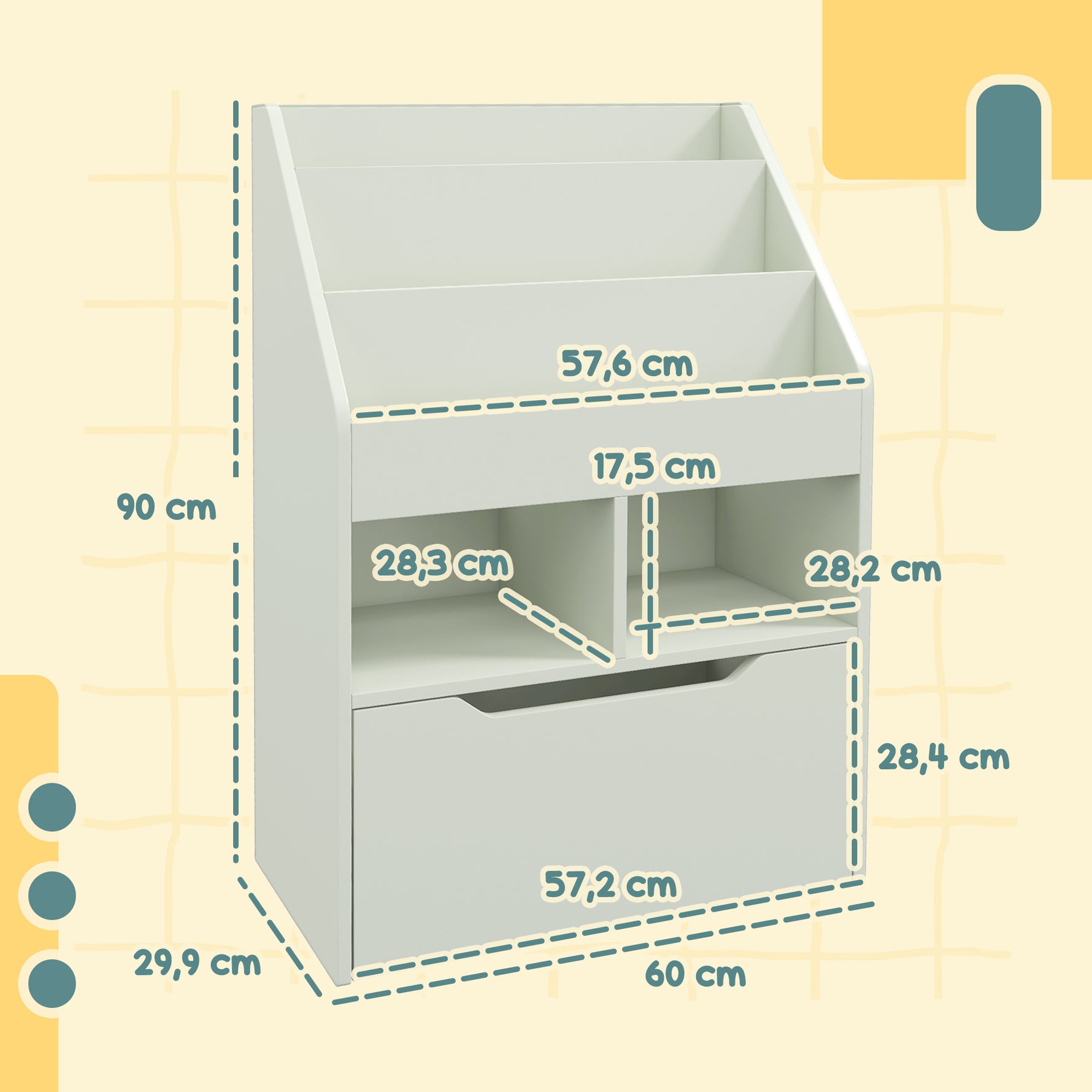 Bibliothèque étagère Multi-Rangement 3 étagères 2 niches Grand tiroir en bois Vert clair
