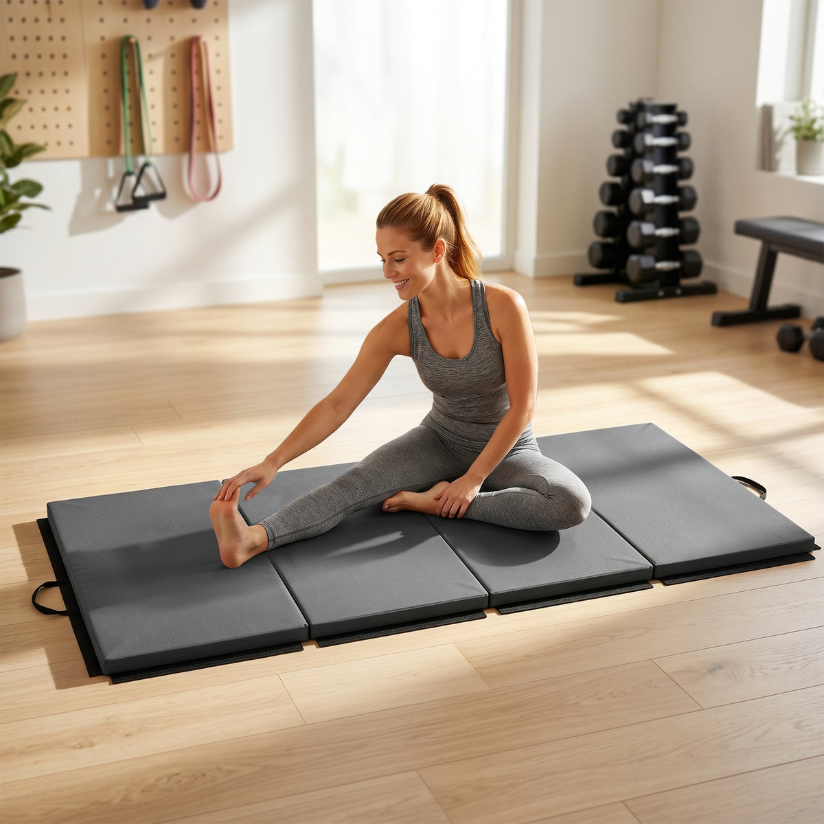 Tapis de gymnastique yoga pilates fitness pliable en 4 avec poignées revêtement synthétique 180 x 80 x 5 cm gris