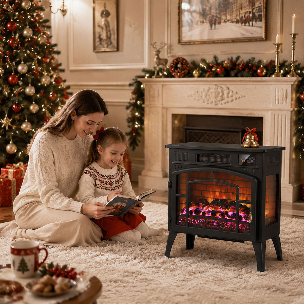 Chimenea eléctrica con efecto de llama 3D multicolor 1000W/2000W, termostato ajustable, control por aplicación y voz, negro