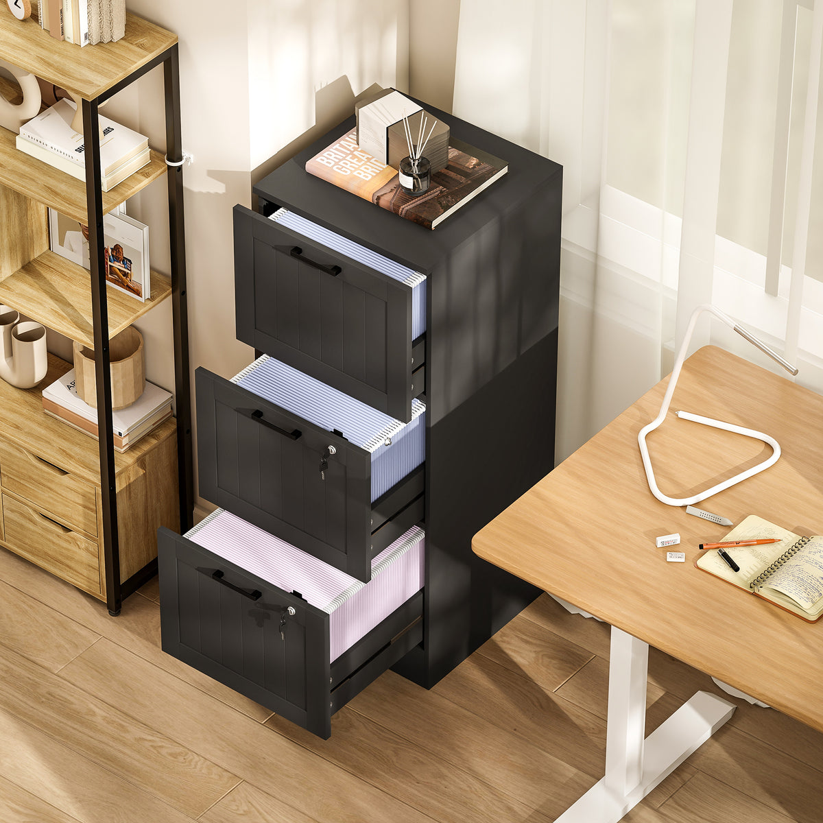 Cajonera de oficina, mueble de almacenamiento de madera con 3 cajones y cerradura, barras de suspensión ajustables, 40 x 40 x 101 cm, negro