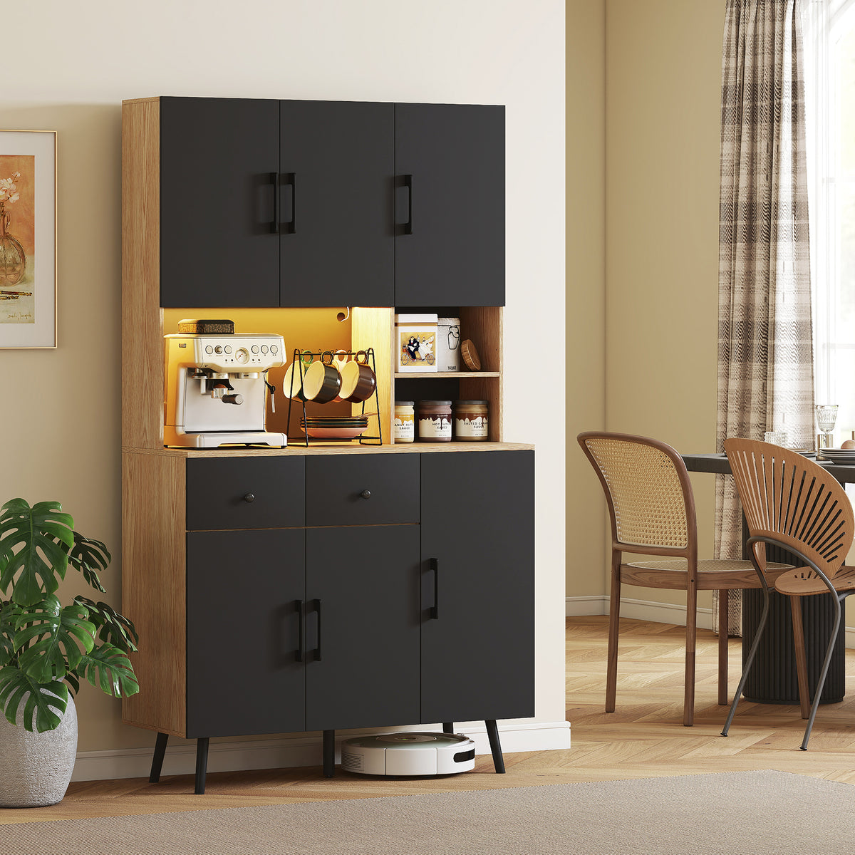 Credenza da cucina mobile dispensa alto con luce LED RGB piano di lavoro 6 ante 2 cassetti 100x40x176cm nero